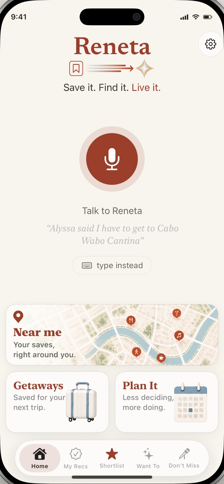 The Reneta home screen: the mic, Near me, Getaways, Plan It, and the folders along the bottom.